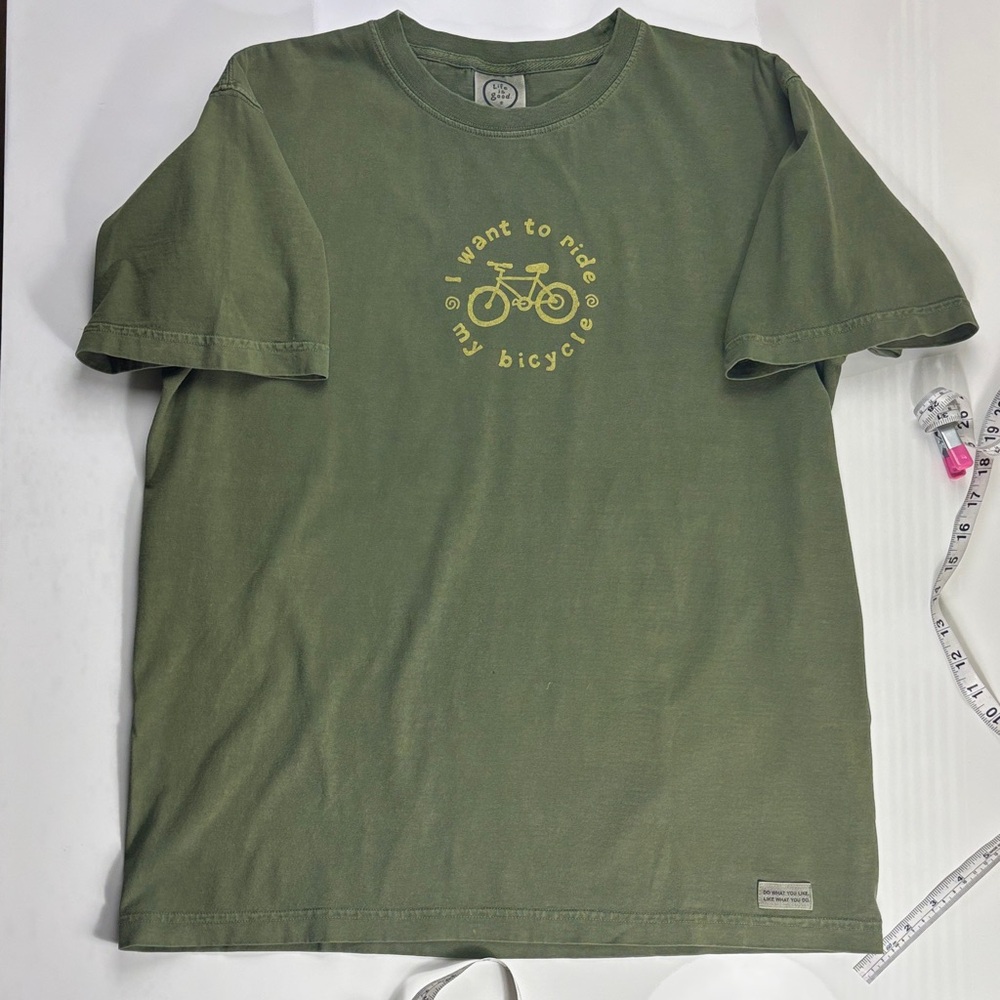 Life Is Good ‘ I want to ride my bicycle’ Olive Green Short Sleeve Tee